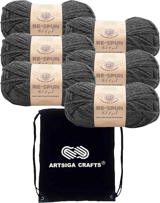 Lion Brand Re Spun Thick & Quick Raven 843-153 (6-Skeins - Same Dye Lot) Weight S Bulky #6 Polyester Yarn for Crocheting and Knitting with Project Bag