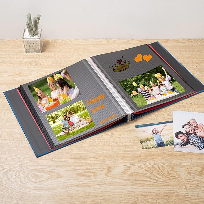 Photo Album Self Adhesive Scrapbook 3x5 4x6 5x7 6x8 Magnetic Album DIY Scrap Book 11x10.6 Inch 40 Black Sticky Pages Linen Cover DIY Photo Album(Blue)