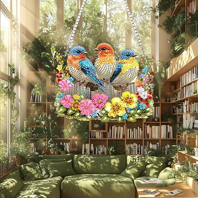 Lxmsja DIY Three Cute Birds Diamond Painting Hanging Ornament, Double-Sided Acrylic Colorful Flowers Diamond Art Kit, Special Shaped Suncatcher Hanging Pendant Window Art Kit 6x8 inch