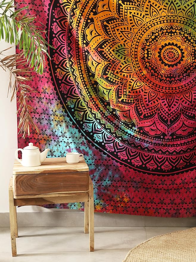 popular handicrafts queen mandala hippie hippy tie dye psychedelic ombre tapestry wall hanging - indian maditation gypsy bohemian dorm room decor multicolor black 81x88 inch