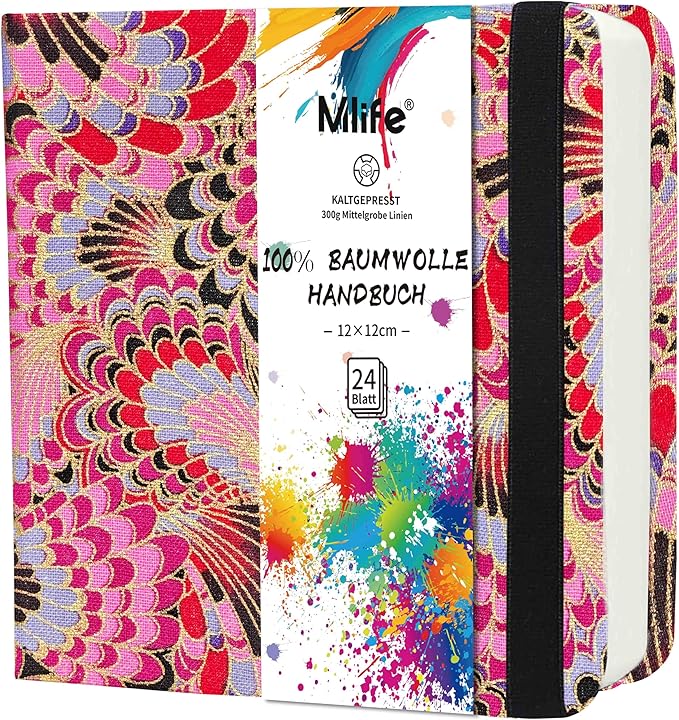Mlife Square Watercolor Sketchbook,100% Cotton,300gsm/140lb,Acid-Free,Watercolor Journal for Artists Adults Students,4.7 * 4.7 Inches(Red Feather)