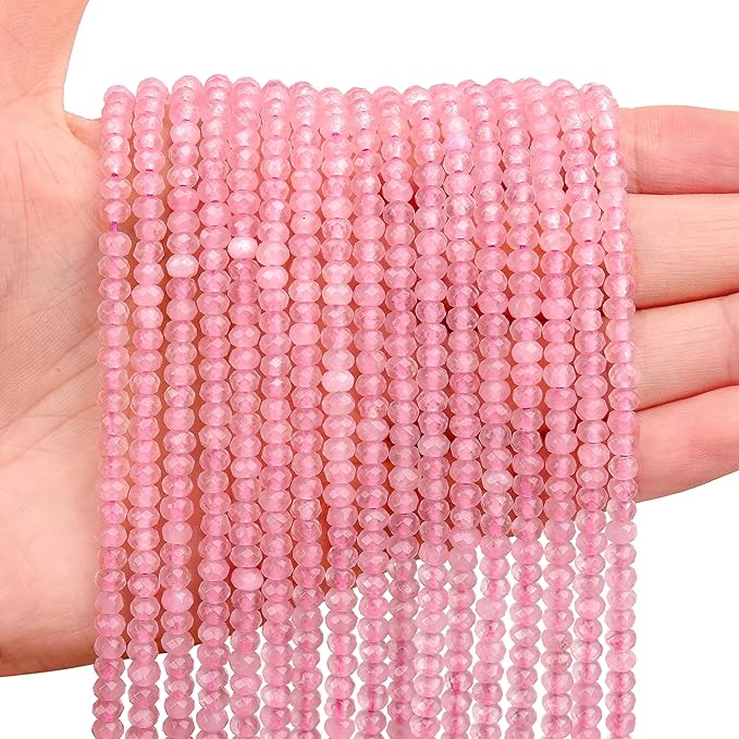 2 Strands Colored Pink Quartz Jade Beads for Jewerly Making, 3 * 4mm Faceted Rondelle Gemstone Crystal Beads for DIY Bracelet Necklace Crafts