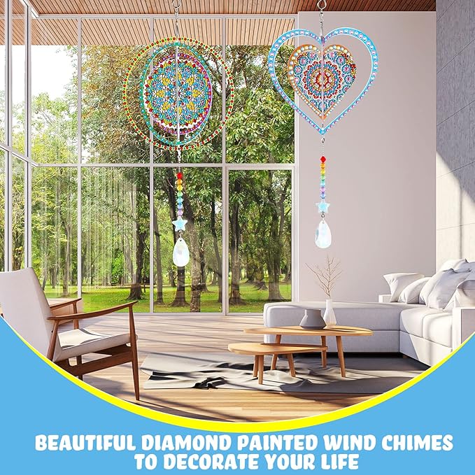 Queekay 2 Pieces 3D Diamond Painting Wind Chime Diamond Art Suncatcher Kits Three Dimensional by Number Hanging Ornament Double Sided Crystal Suncatcher Window Decor for Home Wall Garden(Heart)