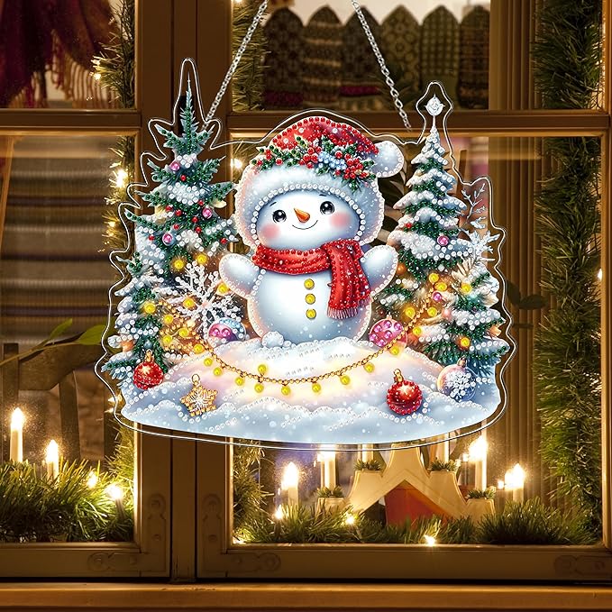 JJFox Diamond Art Hanging Kit for Adult,Special Shaped Rhinestone,Double Sided 5D DIY Acrylic Diamond Art Painting Window Pendants Home Garden Wall Hanging Kits Hanging Ornament (Christmas Snowman)