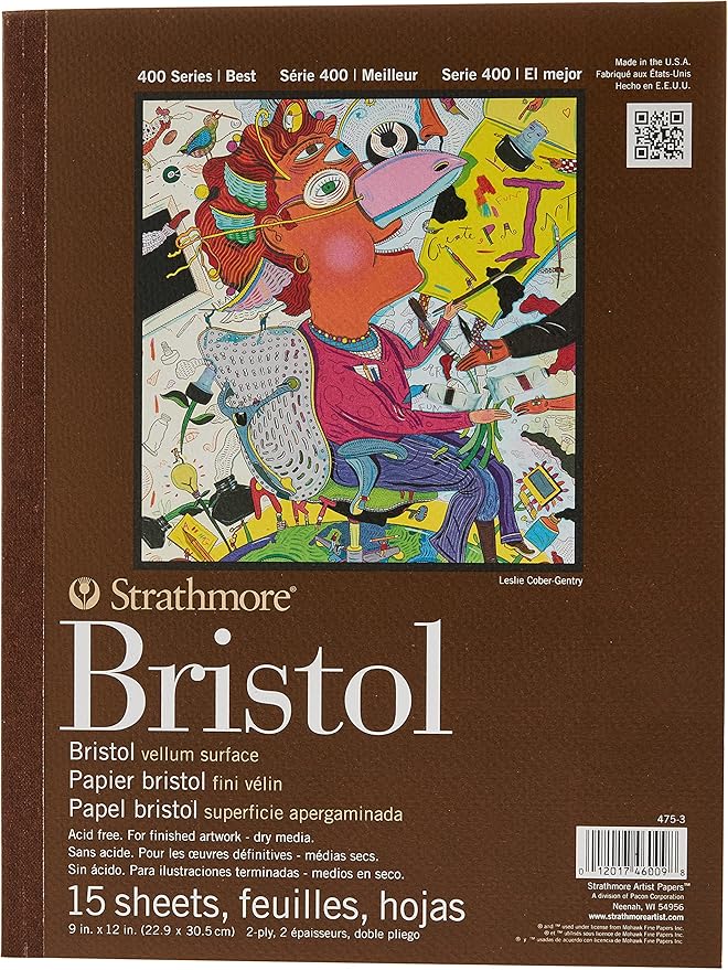 Strathmore 475-3, 400 Series Bristol, 2-Ply Vellum, 9"x12" Tape Bound, 15 Sheets , White