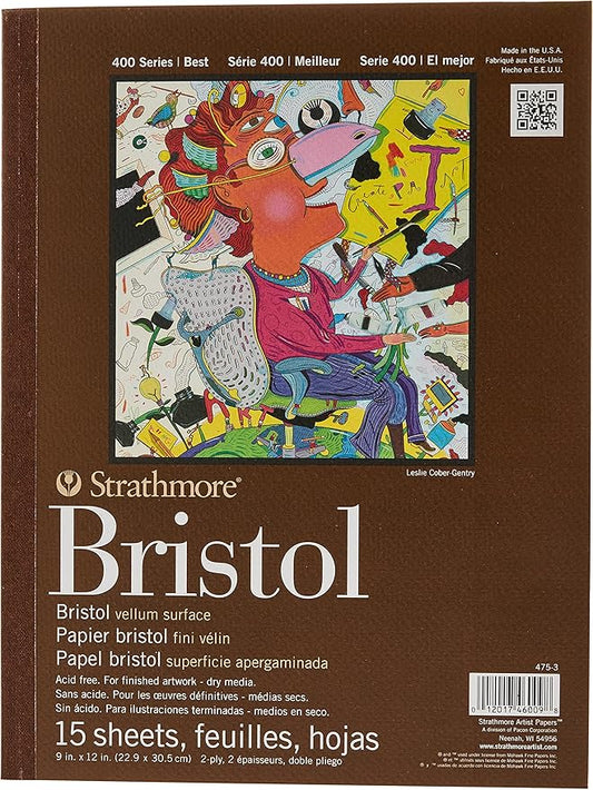 Strathmore 475-3, 400 Series Bristol, 2-Ply Vellum, 9"x12" Tape Bound, 15 Sheets , White
