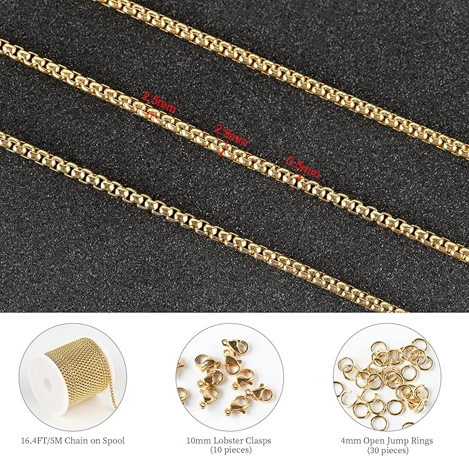 KYUNHOO 16.4 Feet Gold Plated Rolo Chain Spool 304 Stainless Steel Chain for Jewelry Making Beaded Box Link Chain Bulk for Necklace Bracelet DIY with Jump Rings and Lobster Clasps