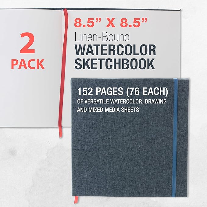 U.S. Art Supply 8.5" x 8.5" Watercolor Book (2 Pack, 76 Sheets Each) - 110lb (230 GSM) Linen-Bound Hardcover Artist Paper Pads - Acid-Free Cold-Pressed Watercolor Paper Pad Mixed Media
