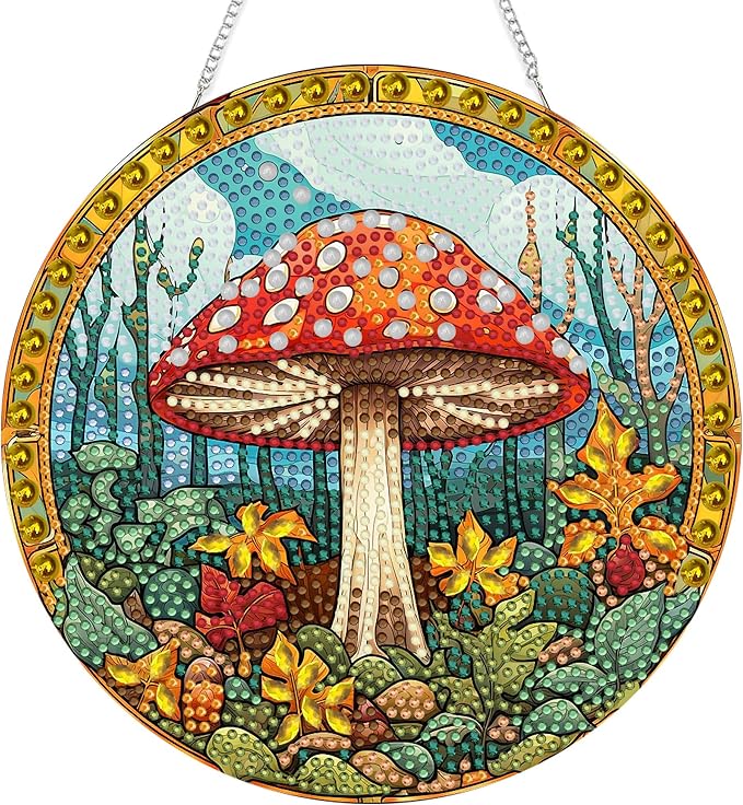 SKRYUIE Mushroom Hanging Diamond Art Kits for Adults Pendant Suncatcher, Special Shaped Crystal DIY Pearl Diamond Painting Kit, Gift for Mother Spring Summer Window Wreath Decor 7.64 x 7.64 Inch A7