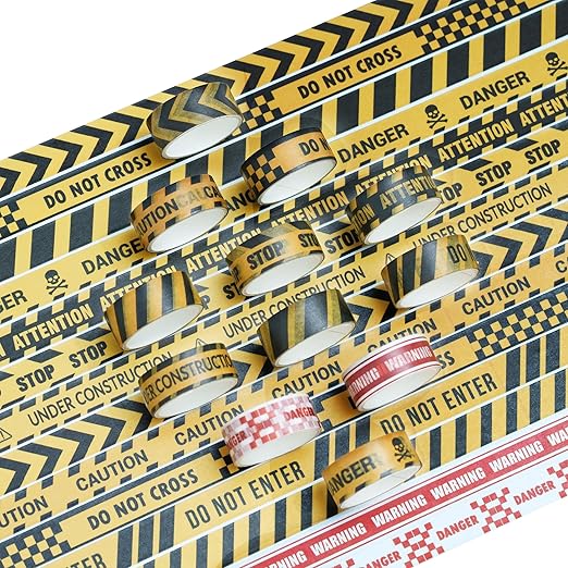 12 Rolls Warning Washi Tape Set Hazard & Caution Pattern Adhesive Tapes Police Line & Industrial Style Decorative Masking Tape for Craft, Scrapbook, DIY, Gift Wrapping (Industrial Caution)