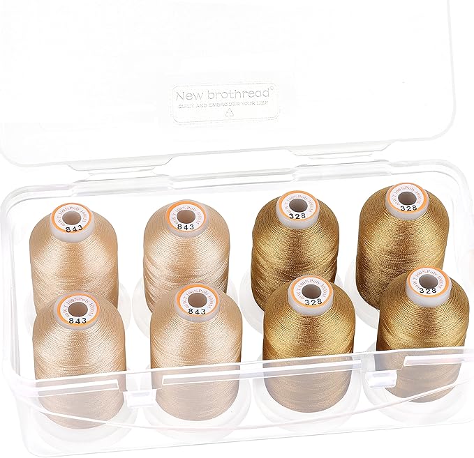 New brothread - 20 Options - 8 Snap Spools of 1000m Each Polyester Embroidery Machine Thread with Clear Plastic Storage Box for Embroidery & Quilting - 4xBeige+4xBrass