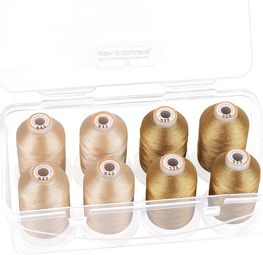 New brothread - 20 Options - 8 Snap Spools of 1000m Each Polyester Embroidery Machine Thread with Clear Plastic Storage Box for Embroidery & Quilting - 4xBeige+4xBrass