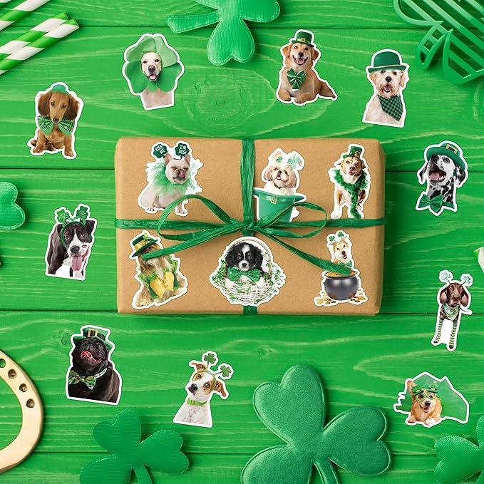 h1vojoxo st. patrick's day sticker rolls - 1000pcs irish shamrock holiday dog stickers for kid 16 designs st. patrick's cute dog realistic sticker for craft st. patrick funny dog stickers for envelope