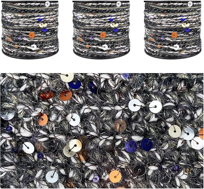 Artisanal Yarn Collection Multifiber Fancy Yarn with Colorful Sequins for Knitting Crocheting Crafts DIY, Set of 3 Rolls (Charcoal with Sequins)