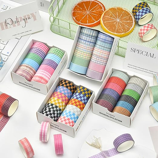 12 Rolls Grid Washi Tape Set Plaid Arts Adhesive Tapes Basic Patterns Decorative Masking Tape Sets for Craft, Kids, Scrapbook, DIY, Gift Wrapping (Style Four)