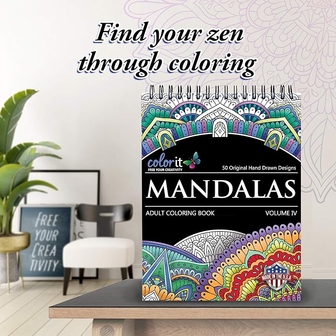 ColorIt Mandalas Volume IV Spiral Bound Adult Coloring Book with 50 Mandala Patterns for Relaxation and Stress Relief - Includes Perforated Pages, Thick Paper, Hardback Covers, and Blotter Page