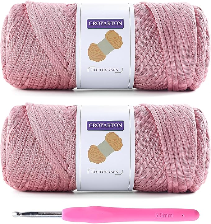 2 Pack T Shirt Yarn for Crocheting with 1 Crochet Hook, Elastic Tshirt Yarn for Crochet Bag/Baskets/Home Decor, Spaghetti Yarn Thick Knitting Yarn Total Length 130 Yds, Weight 14 Oz (Light Pink)