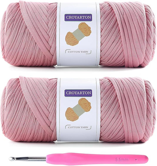2 Pack T Shirt Yarn for Crocheting with 1 Crochet Hook, Elastic Tshirt Yarn for Crochet Bag/Baskets/Home Decor, Spaghetti Yarn Thick Knitting Yarn Total Length 130 Yds, Weight 14 Oz (Light Pink)