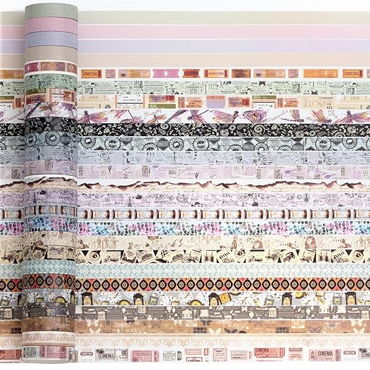 YUBBAEX Vintage Washi Tape Pack 50 Rolls Retro Printed Masking Tape Antique Patterns Decorative for Arts, DIY Crafts, Journal Supplies, Planners, Scrapbook, Card/Gift Wrapping