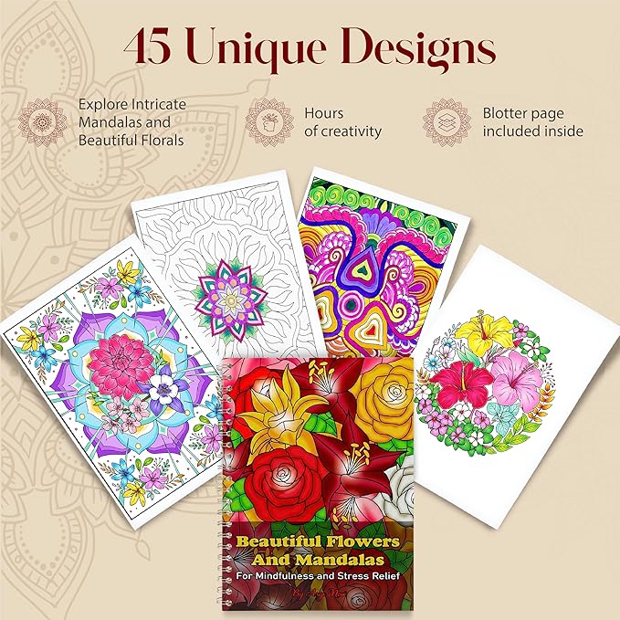 Adult Coloring Book for Women - Mandala and Flowers Designs - Stress Relief & Relaxation – Thick Paper Perforated Pages, Large A4 Format (45 Designs + Blotter Page)