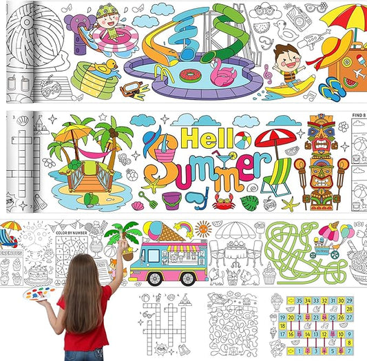 Janlaugh 3 Pack Summer Giant Coloring Posters 9.8ft Large Coloring Sheet Jumbo Motivational Page Tablecloth DIY Drawing Paper Rolls for Adults Summer Party Classroom Craft Team Art Activity