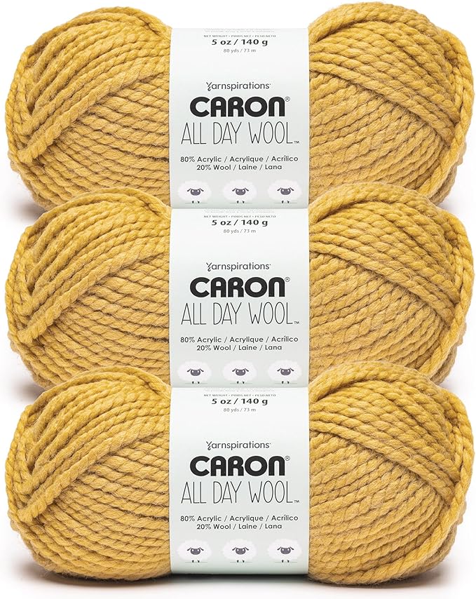 Caron All Day Wool Mustard Seed Yarn - 3 Pack of 170g/6oz - 80% Acrylic 20% Wool - # 6 Super Bulky - 108 Yards - Knitting/Crochet