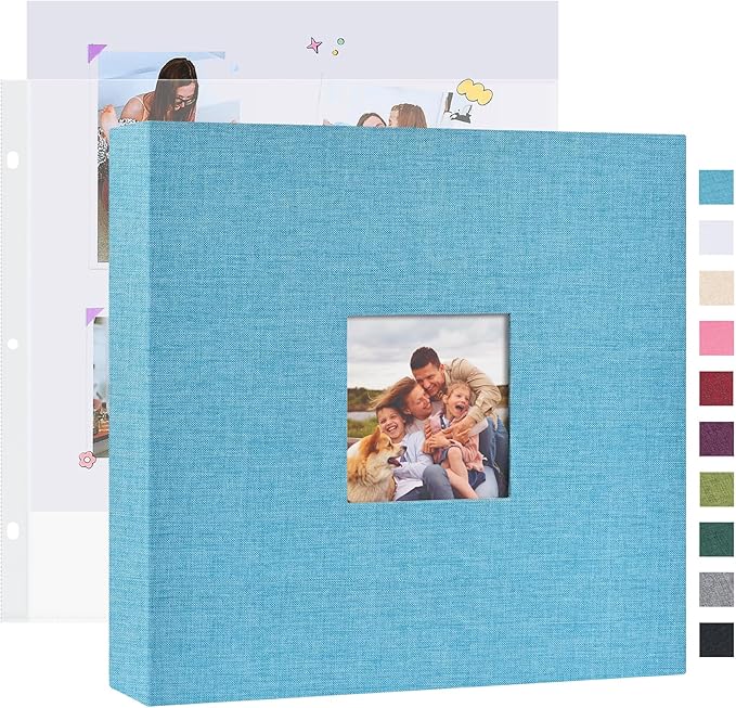 Mublalbum 10x10 Inch DIY Scrapbook Photo Album with 20 Plastic Sleeves 40 Pages Linen Cover 3 Ring Folder Binder for Wedding Baby Family and DIY Projects (Blue)