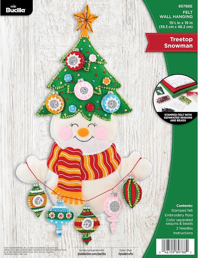 Bucilla Felt Applique Wall Hanging Kit, Treetop Snowman, Perfect for DIY Arts and Crafts