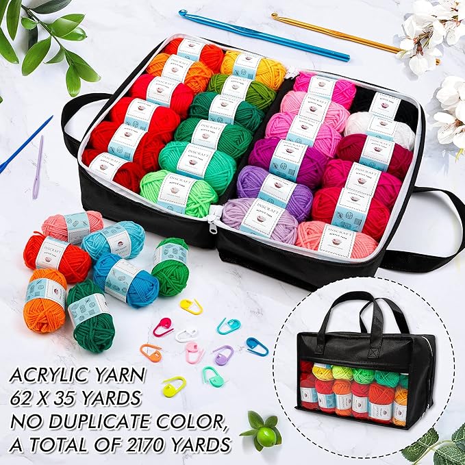 inscraft 62 acrylic yarn skeins, 2170 yards yarn for knitting and crochet, includes 2 crochet hooks,2 weaving needles,10 stitch markers, perfect beginner kit for for adults kids