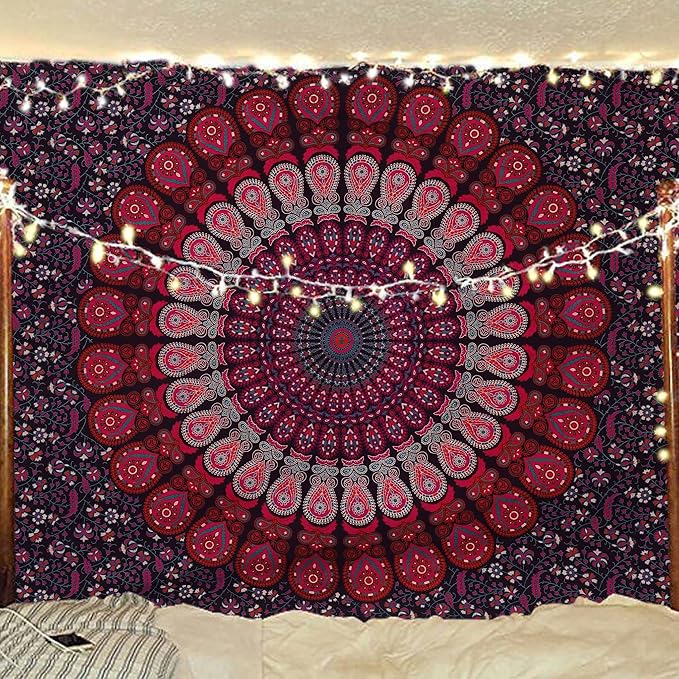 bless international handmade indian hippie bohemian psychedelic peacock mandala wall hanging college dorm beach throws table cloth bedding tapestry (purple pink, twin(54x72inches)(140x185cms))