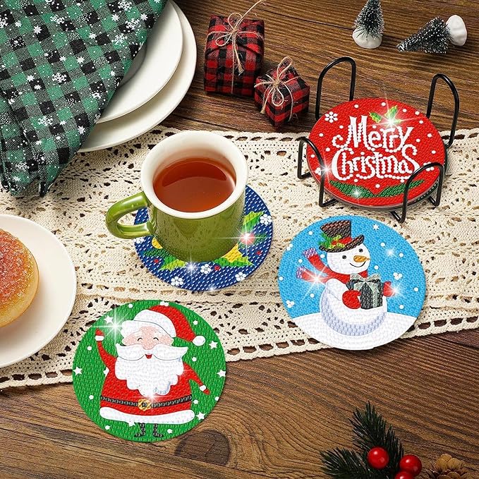 igoodom 8 PCS Christmas Diamond Art Coasters Kit, Diamond Painting Coasters with Holder, Non Slip Coaster Art Supplies for Adults, Christmas Gift