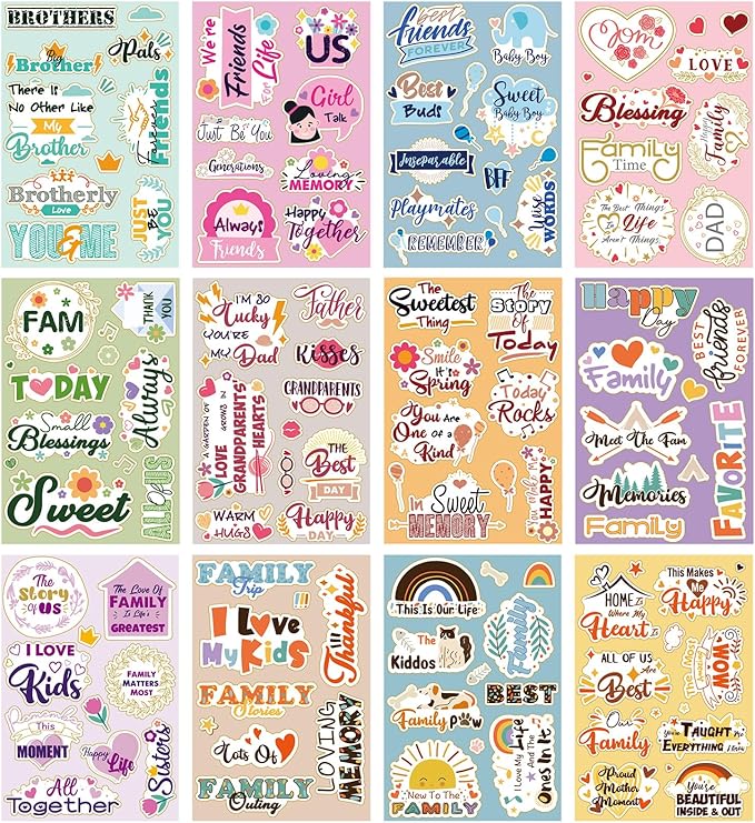 Qilery 60 Sheets Family Scrapbook Stickers Friend Theme Waterproof Scrapbooking Supplies Stickers Set Family Decals Decor for Water Bottle Laptop Photo Album Planner Embellishment