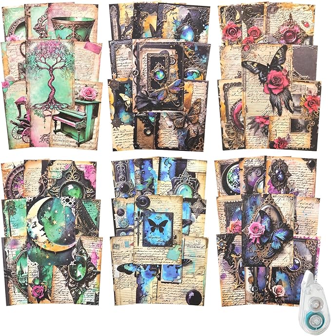 180Pcs Gothic Scrapbook Paper, Vintage Ephemera Pack for Journaling, Junk Journal, and Scrapbooking Supplies with Glue Tape