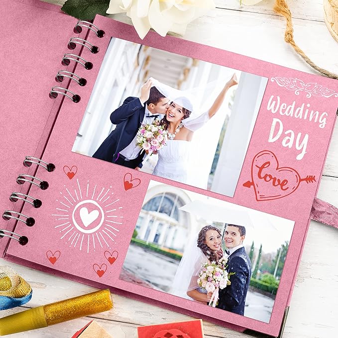 Bstorify Square Scrapbook Photo Albums 7 x 7 Inch Pink Thick Paper, Hardcover, Metal Corners, Ribbon Closure - Ideal for Your Scrapbooking Albums, Art & Craft Projects