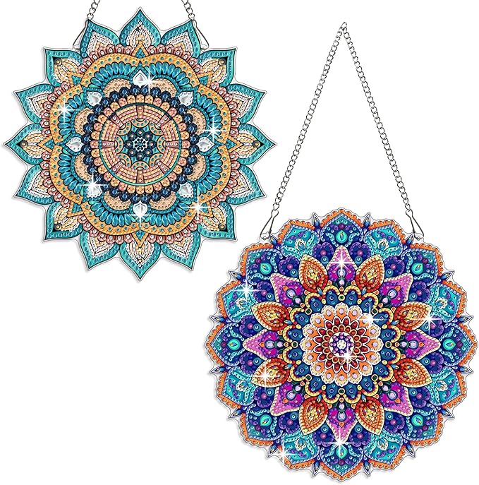Muzagroo Art 5D Diamond Art Kit for Adult Mandala Diamond Suncatcher Hanging Ornament Kits for Living Room Windows, DIY Special Shaped Crystal Window Hanging Pendant Ornament 2PCS (Mandala)