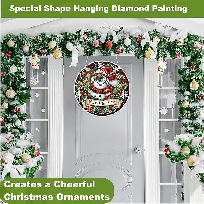 DIY Christmas Wreath Hanging Diamond Art Painting Kits for Adults, Special Shape Snowman Double Sided Acrylic Rhinestone Painting, Window Wall Hanging Ornament Pendants for Home Garden Decor (Snowman)