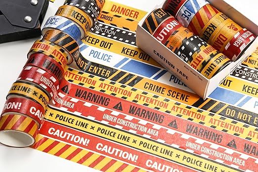 12 Rolls Warning Washi Tape Set Hazard & Caution Pattern Adhesive Tapes Police Line & Industrial Style Decorative Masking Tape for Craft, Scrapbook, DIY, Gift Wrapping (Urban Warning)