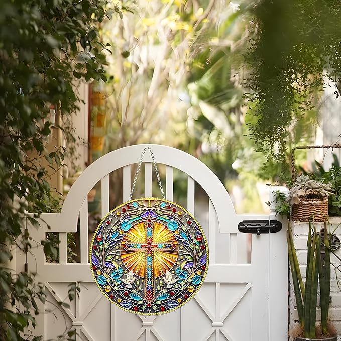 DIY Acrylic Diamond Art Painting Wreath Kits Special Shaped Rhinestone 5D Diamond Art Window Pendants Home Garden Wall Hanging Kits Hanging Ornament (Cross-1)