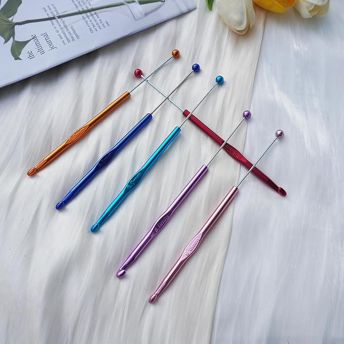 6 Pack DIY Beadable Crochet Hooks Knitting Needles Set Aluminum Handle for Focal Beads Colors (Blue Purple Red Orange Pink Light Blue, 6 mm)