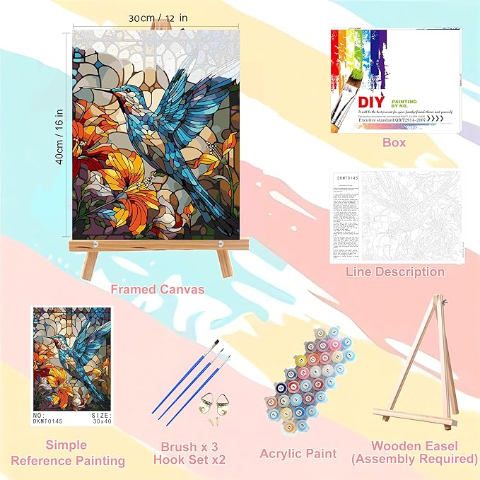 Hummingbird Paint by Numbers for Adults with Framed Canvas - with Wooden Easel, Paint by Number on Canvas, DIY Acrylic Oil Painting Kits with Brushes Nice Gift Box for Home Wall Decor (12x16 inch)