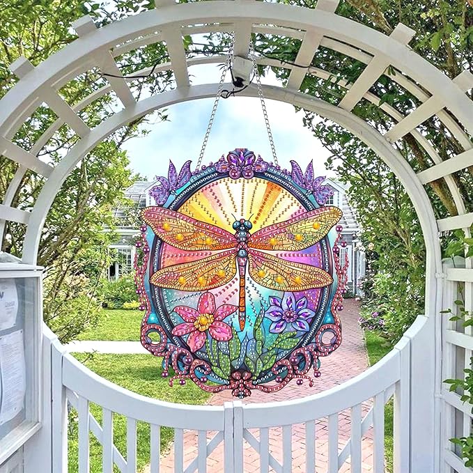 Wergund 5D DIY Dragonfly Diamond Art Hanging Kits, Hanging Diamond Art Flower, Acrylic Special Shaped Rhinestone, Window Hanging Pendants for Home Wall Garden Front Door Outdoor Decor Gift(Dragonfly)