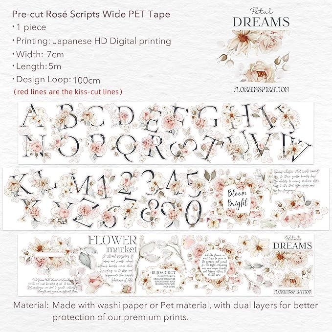 WT Pre-Cut Rosé Scripts Wide PET Tape, Single Roll, Original Designs, Blush Floral & Handwritten Script, Clear Decorative Tape for Junk Journal, Scrapbook, Bujo, Planner, DIY Crafts