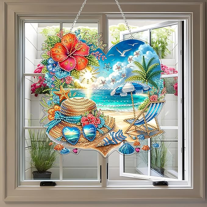 JJFox Diamond Art Hanging Kit for Adult,Special Shaped Rhinestone,Double Sided DIY Acrylic Diamond Art Painting Window Pendants Home Garden Wall Hanging Kits Hanging Ornament (Summer Beach)