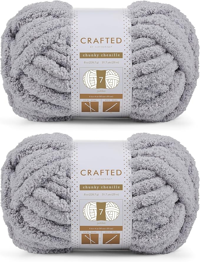 Crafted By Catherine Chunky Chenille Yarn - 2 Pack (8 oz / 227 g, 31.7 Yards Each Skein), Light Grey, Gauge 7 Jumbo