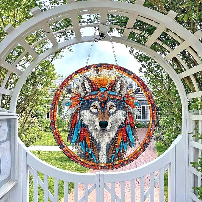 Wergund 5D DIY Wolf Diamond Art Hanging Kits, Hanging Diamond Art Animal, Acrylic Special Shaped Rhinestone, Window Hanging Pendants for Home Wall Garden Front Door Outdoor Decor Gift(Wolf)
