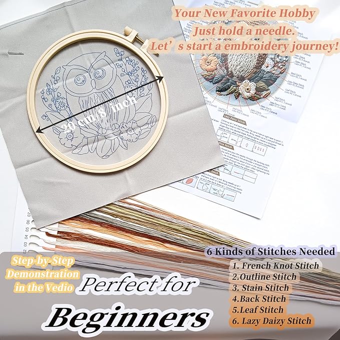 FONNUY Embroidery Kit for Beginners, Owl Flowers Pre-Stamped Pattern Kits for Adults with Hoop, Easy to Follow Color Thread Needlework, 8'' Hoop (Brown)