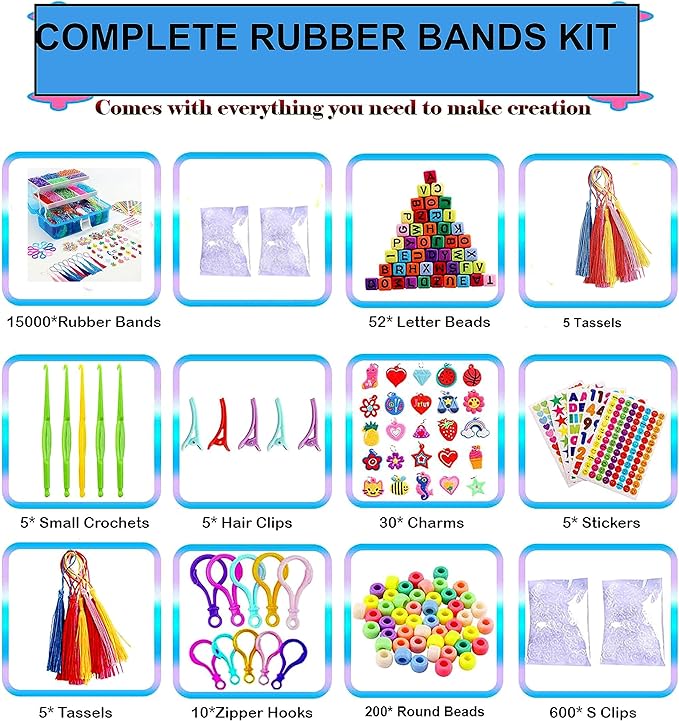 15000+ Loom Rubber Bands Bracelet Kit, Rubber Bands for Bracelet Making Kit,Loom Bracelet Making Kit with 3 Layer Container,30 Colors,380 Beads, Charms Hooks Tools