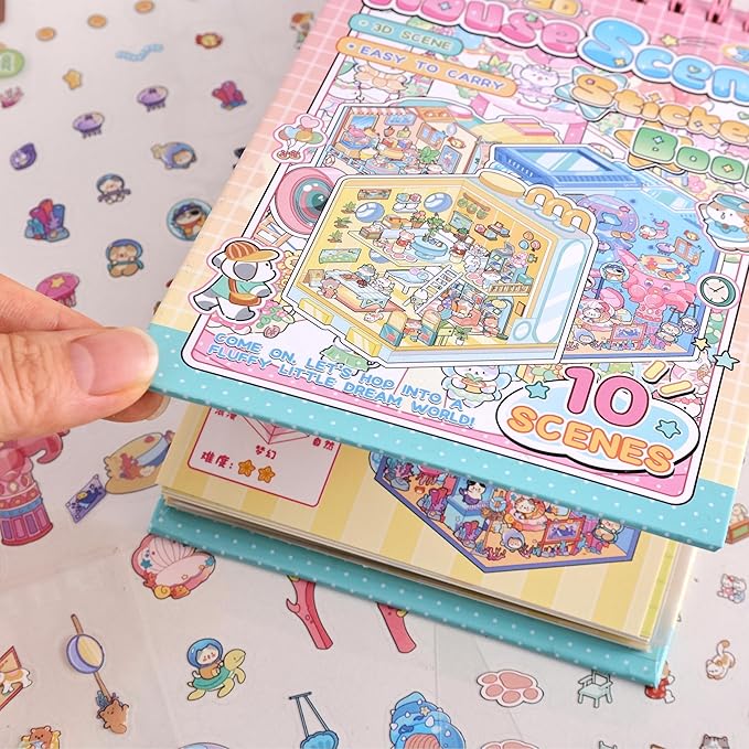 10 Sets DIY 3D House Stickers, Scene Miniature Scene Sticker Book, Cute Cartoon Scenes for Women Girls Teen Kids, Make Your Own Sticker, Fun Room Sticker BookRelief Stress Pass The Time