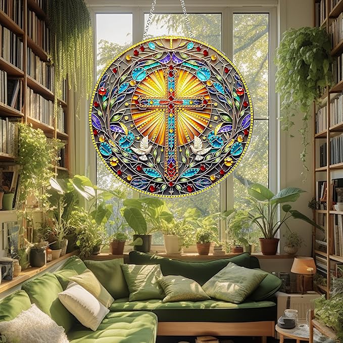 DIY Acrylic Diamond Art Painting Wreath Kits Special Shaped Rhinestone 5D Diamond Art Window Pendants Home Garden Wall Hanging Kits Hanging Ornament (Cross-1)