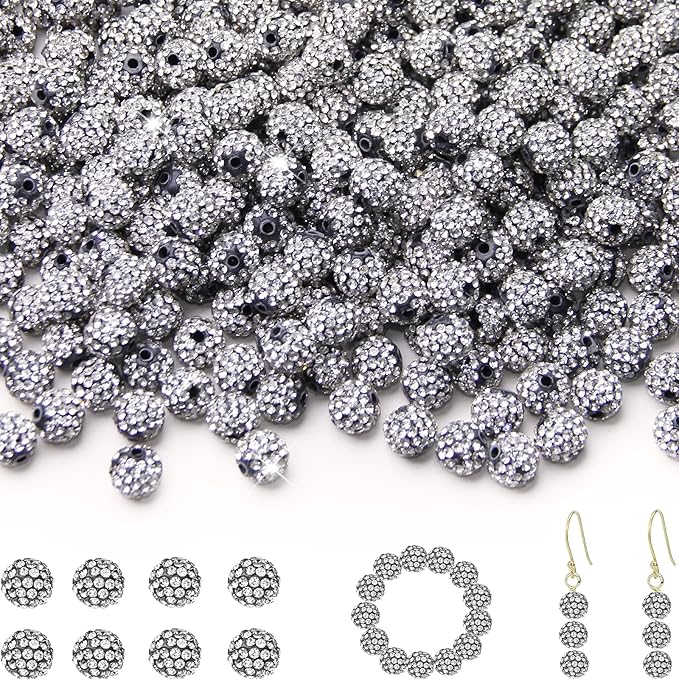 200 Pcs 10mm Rhinestone Beads for Jewelry Making, Black White Shiny Round Shamballa Disco Baseball Necklace Beads Sparkle Crystal Clay Pave Rhinestones Bead for DIY Bracelet Earring Making Supplies